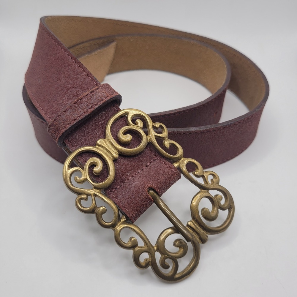 Brown Leather Belt Medium Ornate Filigree Boho Scrollwork Western Cottagecore